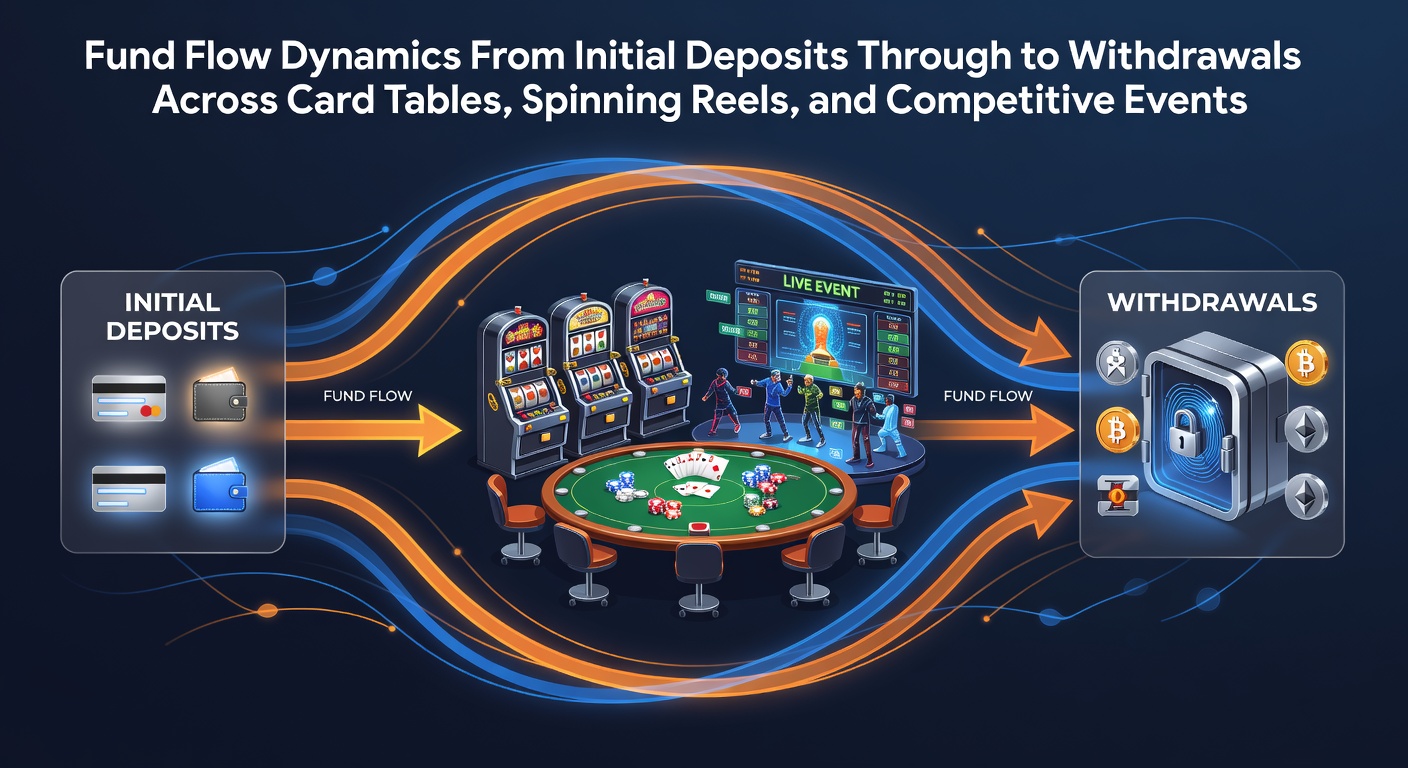 Illustration of casino fund flow showing deposits moving through gaming tables, slots, and sports betting terminals