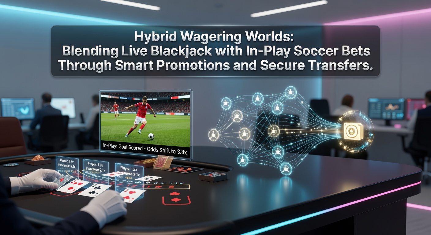 Dynamic split-screen view showing a live blackjack table on one side and an in-play soccer match with betting odds on the other, highlighting seamless hybrid wagering interfaces
