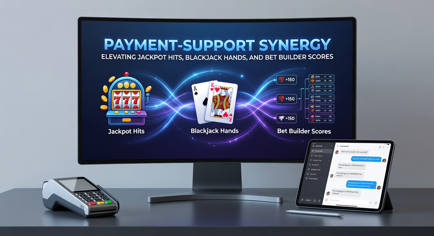Digital graphic showing seamless payment flows merging with customer support icons, overlaid on casino game elements like slot reels, blackjack tables, and bet builder interfaces
