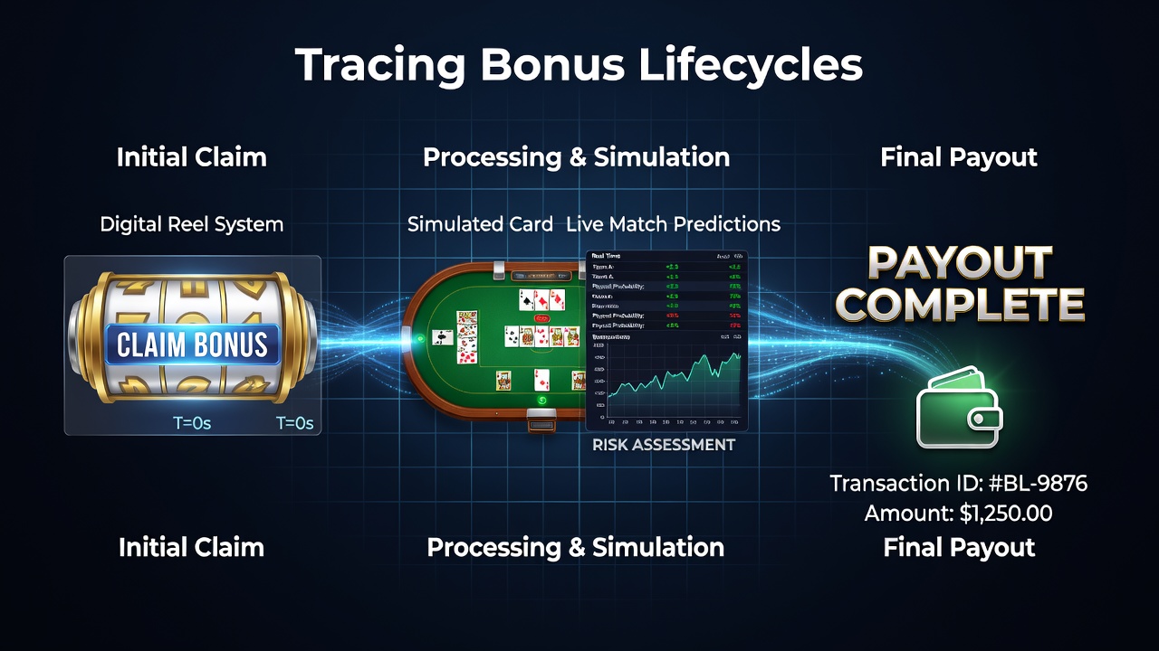 Flowchart showing bonus lifecycle stages from claim through wagering on reels, tables, and sports predictions to payout verification